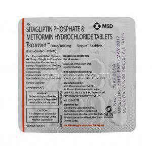 イスタメット, シタグリプチン 50mg メトホルミン 1000mg,シート裏面,注意事項,使用方法, 製造